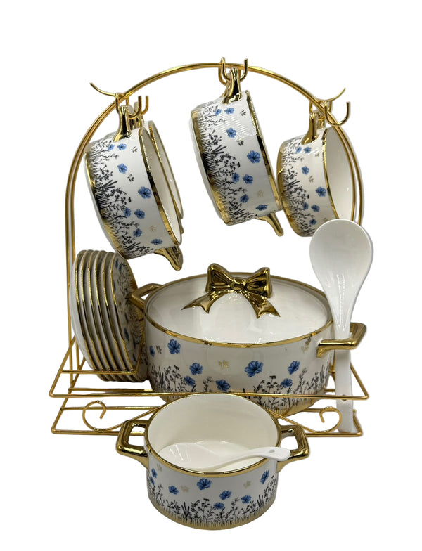 Luxury Ceramic Soup Set with Dish Holder Stand 22 Piece