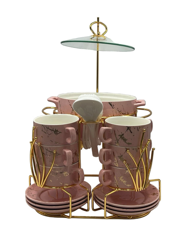 Ceramic Soup Set With Stand 22 Piece (PINK)