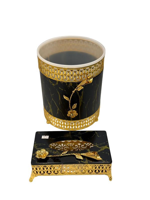 Glamorous Waste Bin and Tissue Box Round Shape (Black Gold)