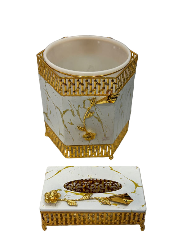 Glamorous Waste Bin and Tissue Box (White Gold)