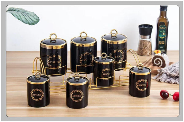 Luxury Ceramic Spice Storage Jars  7-Piece  Set With Golden Stan