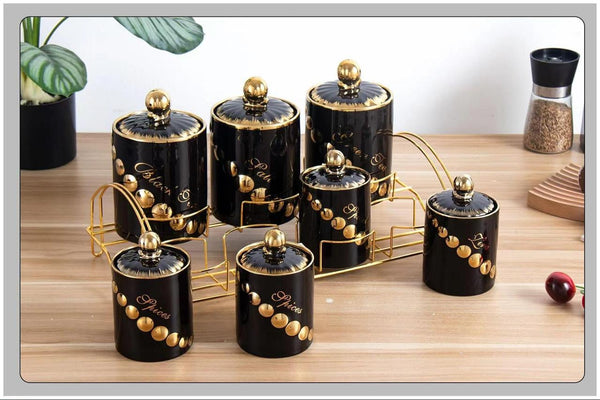 Luxury 7-Piece Ceramic Storage Canister Set With Golden Rack)