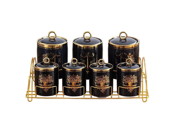 7-Piece Luxury Ceramic Canister Set with Golden Stan (Golden Tree)