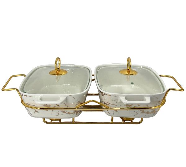 Luxury TWIN Ceramic Chafing Dish Buffet Server Set  (RECT WHITE)