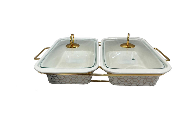 twin Chafing Ceramic Dish Set Buffet Server (White Gold)