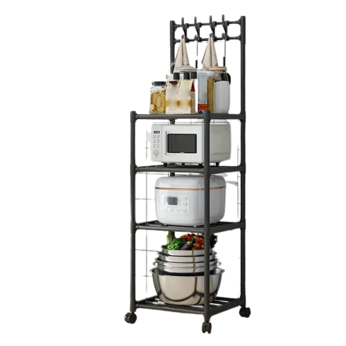 4-Layer Kitchen Household Storage Rack With Pulleys & Hooks