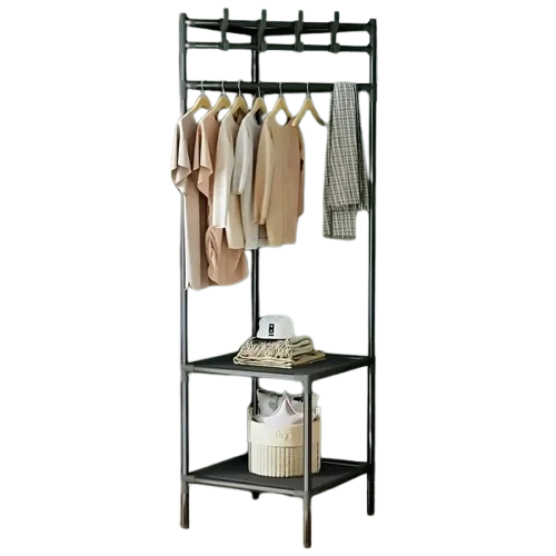 1Pcs Coat Rack, With 3 Layers Storage Shelves And 4 Double Hooks
