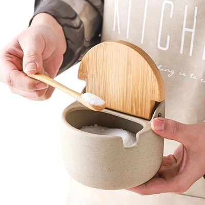 Japanese Style Ceramic Spice Jars, Seasoning Jar Combination Set With 2 Wooden Spoons, Lid & Tray