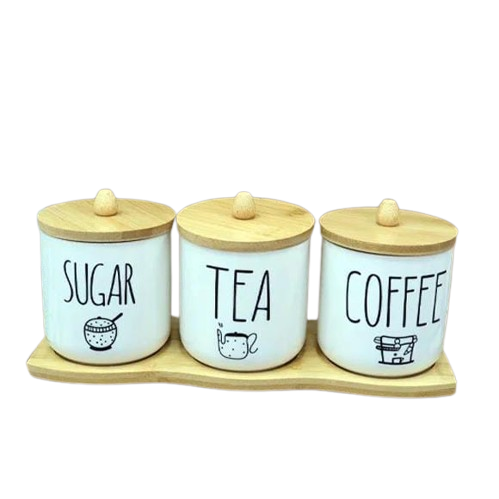 3-Piece Glass Jar with Bamboo Lid Tea Coffee Sugar (Premium Quality)