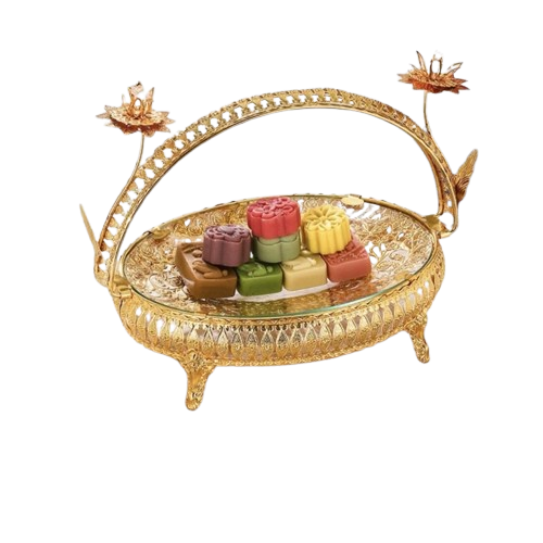 ORNATE GOLD Decorative Fruit Plate With Lotus Candle Holder (Premium Quality)