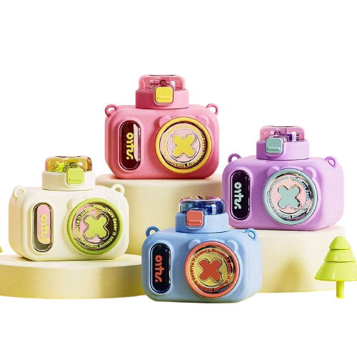 Cute Camera Shaped 600ml Water Bottle With Straw & Flip Top (Premium Quality)