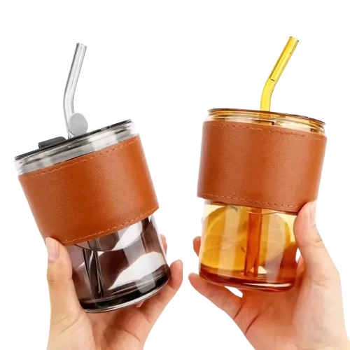 450ml Glass Tumbler with Straw, Lid And  Leather Sleeve