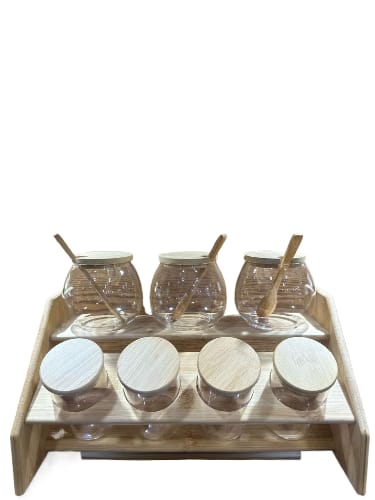 Wooden Glass Spice Set With Wood Stand