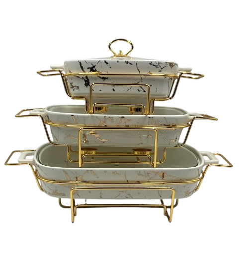 Luxury 3-Tier Ceramic Chafing Dish Buffet Server Set  (RECT WHITE)