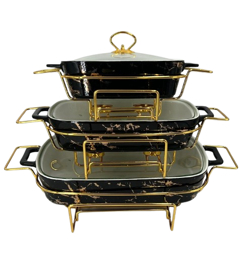 Luxury 3-Tier Ceramic Chafing Dish Buffet Server Set (RECT BLACK)