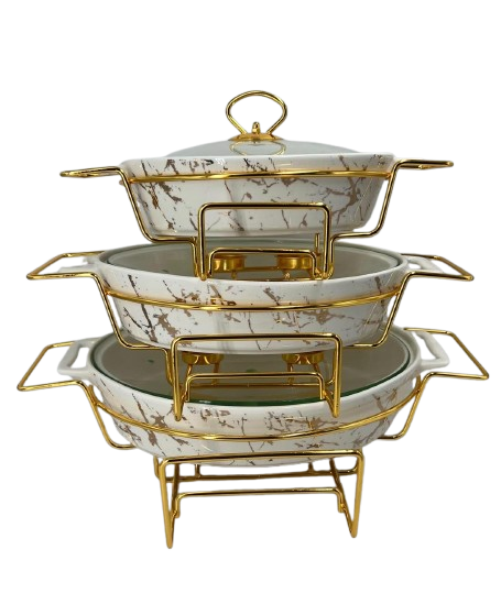 Luxury 3-Tier Ceramic Chafing Dish Buffet Server Set Marble (OVAL WHITE)