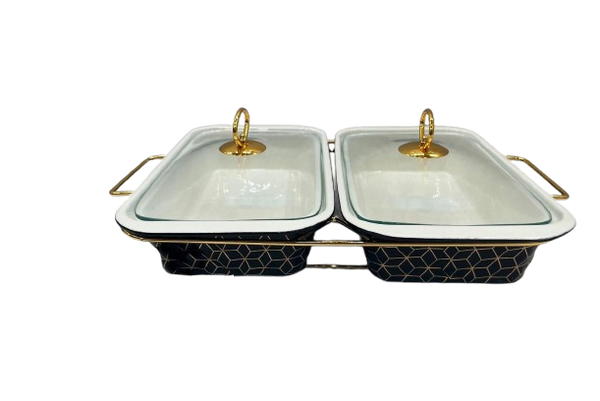 Luxury Twin Ceramic Chafing Dish Set Buffet Warmer (Black)