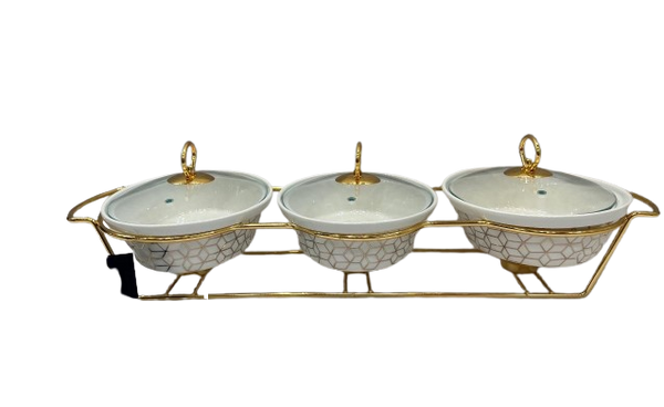 TRIPLE Chafing Ceramic Dish Set Buffet Server (White Gold)