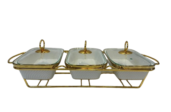 Luxury Ceramic Chafing Dish TRIPLE Buffet Server (White Rect)