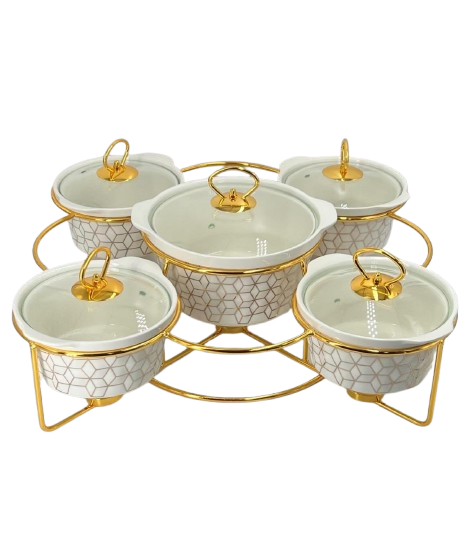 The Geometric Gold 5-Piece Ceramic Chafing Server.