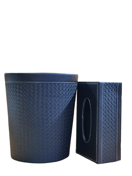 Woven Faux Leather Tissue Box and Dustbin (BLUE)