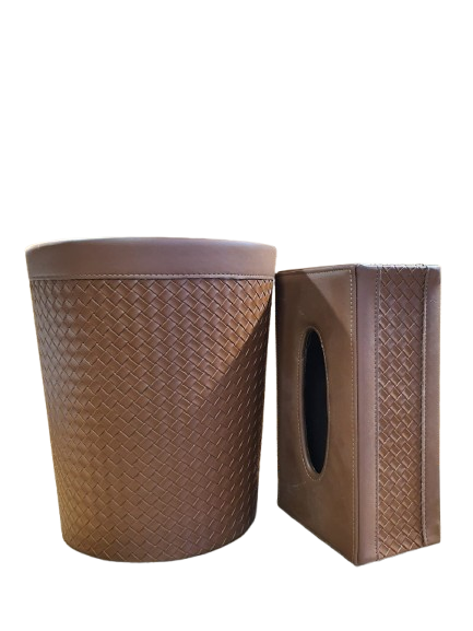 Woven Faux Leather Tissue Box and Dustbin (BROWN)