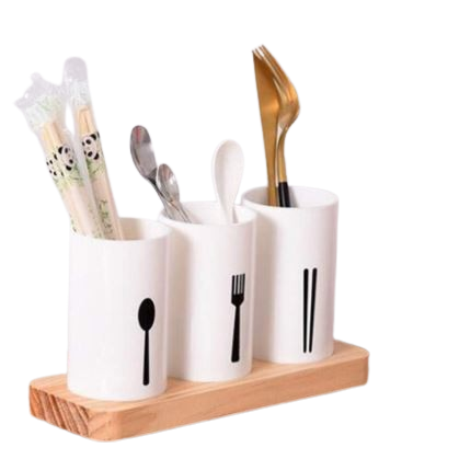 Plastic Cutlery Holder With Wood Tray (Premium Quality)