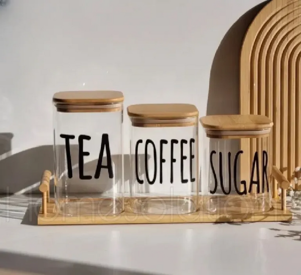 Tea, Coffee & Sugar Airtight Glass Jar Set With Wooden Tray And Lid