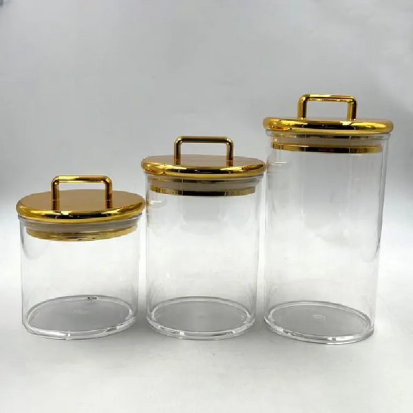 Acrylic Gold Round Airtight Canisters 3 Pcs Set