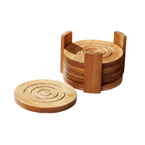 Bamboo Coaster Set with Holder Round