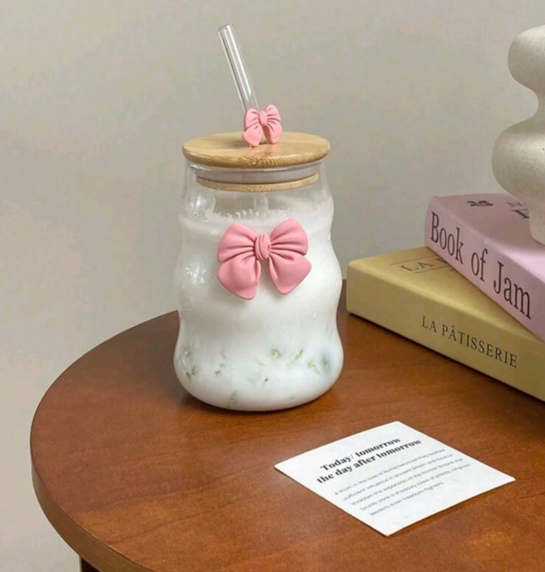 Glass Cup Wooden Lid With Cute Bow On Glass And Straw
