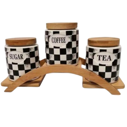 Ceramic Vintage Tea Coffee Sugar 3 Canisters Set with Wooden Stand Tray