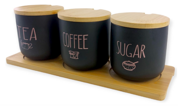 3 Pcs Porcelain Jar Set With Wooden Tray Lid And Spoon