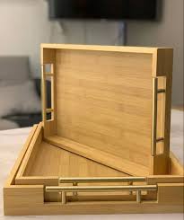 BAMBOO GOLDEN HANDLE 3 PCS TRAY SET
