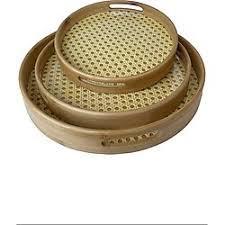 Antique Wooden Rattan Pattern Round Serving Tray Set