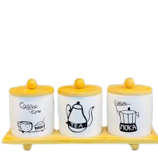3Pcs CERAMIC JAR SET With Bamboo Tray Printed