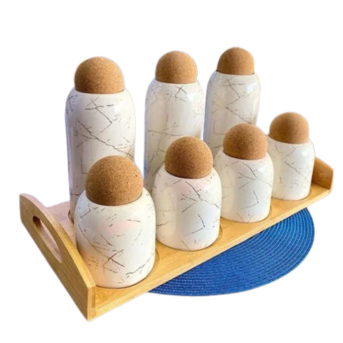 Marble Dsign Ceramic 7 Pcs Jar Set with Bamboo Stand