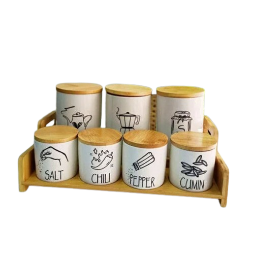 Porcelain Spice Jar Set 7 Piece Bamboo Wooden Stand