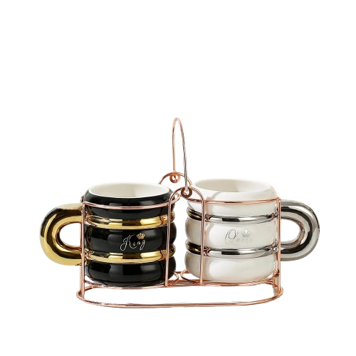 King & Queen  Couple Perfect Tea & Coffee Mugs set | Ceramic cup with Metal stand Double wall