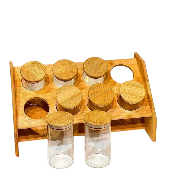 Wooden Glass Spice Set With Wood Stand