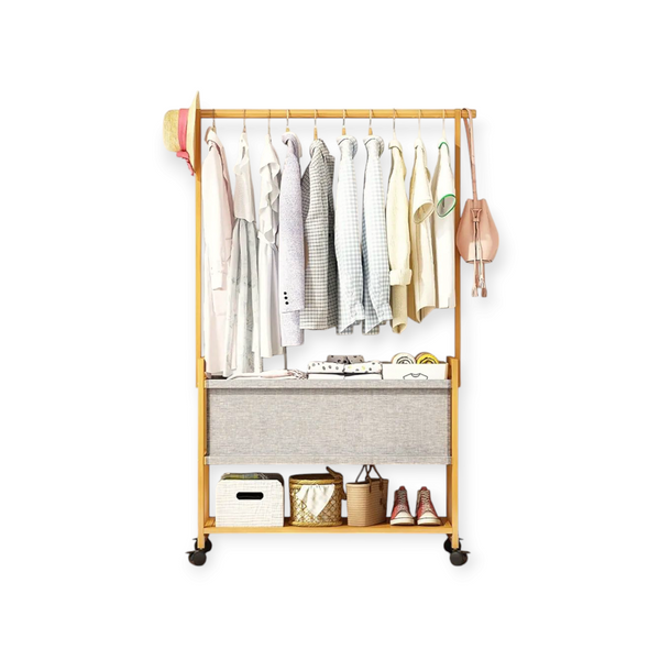 Wooden Coat Rack Stand with Fabric Basket Clothes Rack with 360° Wheels