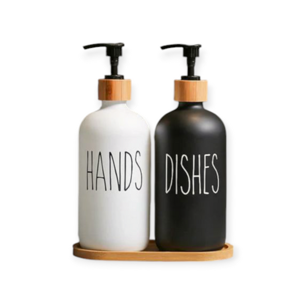Kitchen Soap Dispenser 2 Pcs Set, Glass Hand Soap Bottle, Dish Soap Dispenser 500ml With Bamboo Tray (Black, White)